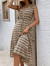 A-Line High Waisted Buttoned Drawstring Pockets Printed Split-Joint V-Neck Midi Dresses
